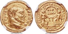 Ancients Severus II, as Augustus (AD 306-307). AV aureus (18mm, 5.34 gm, 7h). NGC Choice VF 5/5 - 2/5, marks. Aquileia, late AD 306. SEVERV-S P F AVG, laureate head of Severus II right / FELICITAS SAE