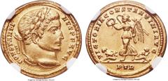 Ancients Constantine I the Great (AD 307-337). AV solidus (19mm, 4.43 gm, 7h). NGC AU 5/5 - 3/5, edge marks. Trier, AD 313-315. CONSTANTI-NVS P F AVG, laureate head of Constantine I right / VICTORIA C