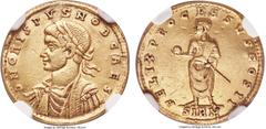 Ancients Crispus (AD 316-326). AV solidus (18mm, 4.41 gm, 12h). NGC Choice VF 5/5 - 2/5, mount repair, bent. Sirmium, ca. AD 321. D N CRISPVS NOB CAES, laureate, draped and cuirassed bust of Crispus l