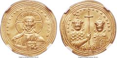 Ancients Basil II Bulgaroctonos (AD 976-1025), with Constantine VIII. AV histamenon nomisma (25mm, 4.44 gm, 6h). NGC Choice AU 5/5 - 4/5. Constantinople, AD 1005-1025. + IhS XIS RЄX RЄΣNANTIhM, bust o