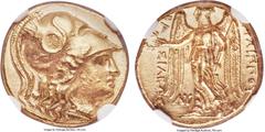 Ancients MACEDONIAN KINGDOM. Philip III Arrhidaeus (323-317 BC). AV stater (18mm, 8.53 gm, 1h). NGC MS 4/5 - 3/5. Babylon. Head of Athena right, wearing crested Corinthian helmet pushed back on head, 