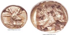 Ancients IONIA. Ephesus. Phanes (Ca. 625-600 BC). EL 1/24 stater or myshemihecte (7mm, 0.57 gm). NGC Choice XF 4/5 - 4/5. Forepart of stag left, head reverted / Abstract geometric pattern within incus