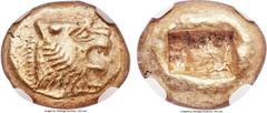 Ancients LYDIAN KINGDOM. Alyattes or Walwet (ca. 610-546 BC). EL third stater or trite (14mm, 4.70 gm). NGC AU 5/5 - 4/5. Uninscribed, Lydo-Milesian standard. Sardes mint. Head of lion right, mouth op
