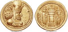 Ancients SASANIAN KINGDOM. Shapur I the Great (AD 240-272). AV dinar (23mm, 7.38 gm, 3h). Choice AU. Mint I ("Ctesiphon"), Phase II, ca. AD 260-272. Bust of Shapur I right, wearing mural tiara with ko