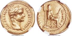 Ancients Tiberius (AD 14-37). AV aureus (20mm, 7.61 gm, 3h). NGC Choice XF 4/5 - 4/5. Lugdunum. TI CAESAR DIVI-AVG F AVGVSTVS, laureate head of Tiberius right / PONTIF-MAXIM, Livia, as Pax, seated rig