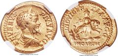 Ancients Septimius Severus (AD 193-211). AV aureus (21mm, 7.08 gm, 11h). NGC Choice Fine 5/5 - 3/5, wavy flan, graffito. Rome, AD 203. SEVERVS-PIVS AVG, laureate, draped and cuirassed bust of Septimiu