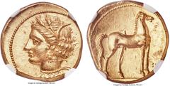 Ancients ZEUGITANA. Carthage. Ca. 350-320 BC. AV stater (18mm, 9.24 gm, 9h). NGC Choice MS 5/5 - 4/5, Fine Style. Bust of Tanit left, hair wreathed in barley ears, wearing triple-pendant earring, and 