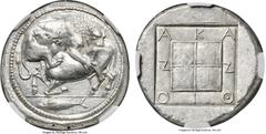 Ancients MACEDON. Acanthus. Ca. 470-430 BC. AR tetradrachm (28mm, 17.37 gm, 2h). NGC MS★ 5/5 - 4/5, Fine Style. Lion springing right, biting into hind quarters of bull kneeling to left with head raise