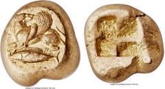 Ancients MYSIA. Cyzicus. Ca. 550-450 BC. EL stater (19mm, 16.10 gm). NGC Choice XF 5/5 - 5/5. Winged canine running left, head reverted; tunny fish left below / Quadripartite incuse square. Greenwell 