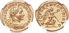 Ancients Elagabalus (AD 218-222). AV aureus (21mm, 6.36 gm, 1h). NGC Choice AU 5/5 - 4/5, Fine Style. Rome, AD 219. IMP CAES M AVR ANTONINVS AVG, laureate, draped and cuirassed bust of Elagabalus righ