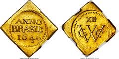 Brazil Pernambuco. Dutch Colony - Geoctroyeede West-Indische Compagnie (GWC) gold Klippe 12 Guilders (Florins) 1646 MS62 NGC, Scholten-1447. 7.50gm. A superb example of occupation coinage struck by th