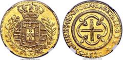 Brazil João VI gold 4000 Reis 1820-(B) MS62 NGC, Bahia mint, KM327.3, Russo-581. Lightly toned, and with boldly executed design features, this absolute rarity struck at the Bahia Mint without mintmark