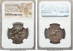 Ancients SELEUCID KINGDOM. Demetrius II Nicator, Second Reign (129-125 BC). AR tetradrachm (30mm, 16.26 gm, 1h). NGC Choice VF 5/5 - 3/5. Damascus, dated Seleucid Era 185 (128/7 BC). Diademed, bearded