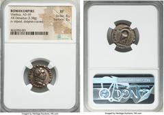 Ancients Vitellius (AD 69). AR denarius (18mm, 3.38 gm, 7h). NGC XF 4/5 - 3/5. Rome, late April-December AD 69. A VITELLIVS GERM IMP AVG TR P, laureate head of Vitellius right / XV VIR-SACR FAC, tripo