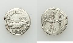 Ancients Roman Republic Marc Antony, as Triumvir and Imperator (43-31 BC). AR denarius (17mm, 3.03 gm, 7h). Choice VF, brushed, bankers mark. Legionary issue, mint moving with Antony in Greece (Aegae 