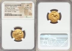 Ancients Greek MACEDONIAN KINGDOM. Philip II (359-336 BC). AV stater (18mm, 8.54 gm, 8h). NGC AU 5/5 - 3/5. Lampsacus, under Philip III Arrhidaeus, 323-317 BC. Laureate head of Apollo right / ΦIΛIΠΠOY
