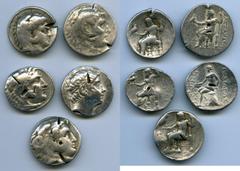 Ancients Ancient Lots ANCIENT LOTS. Greek. Macedonian and Seleucid Kingdoms. Ca. 336-187 BC. Lot of five (5) AR tetradrachms. VG-Fine, test cuts, bankers punches. Includes: (3) Macedonian Kingdom, Ale