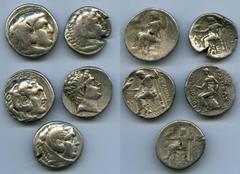 Ancients Ancient Lots ANCIENT LOTS. Greek. Macedonian and Seleucid Kingdoms. Ca. 336-187 BC. Lot of five (5) AR tetradrachms. VG-Fine, test cuts, bankers punches. Includes: (3) Macedonian Kingdom, Ale