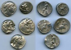 Ancients Ancient Lots ANCIENT LOTS. Greek. Macedonian and Seleucid Kingdoms. Ca. 336-187 BC. Lot of five (5) AR tetradrachms. Good-Fine, test cuts, bankers punches. Includes: (3) Macedonian Kingdom, A