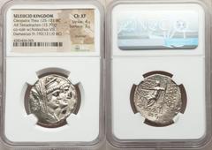 Ancients Greek SELEUCID KINGDOM. Cleopatra Thea and Antiochus VIII (125-121 BC). AR tetradrachm (28mm, 15.79 gm, 1h). NGC Choice XF 4/5 - 2/5, brushed. Damascus, dated Seleucid Era 192 (121/0 BC). Jug