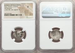 Ancients Roman Republic Mark Antony, as Triumvir and Imperator (43-31 BC). AR denarius (20mm, 3h). NGC Fine. Obverse die signed by 'P.' Athens, 32 BC. M. Junius Silanus, quaestor pro consul. Bare head