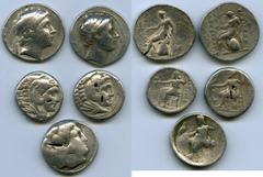Ancients Ancient Lots ANCIENT LOTS. Greek. Macedonian and Seleucid Kingdoms. Ca. 336-246 BC. Lot of five (5) AR tetradrachms. VG-Fine, test cuts, bankers punches. Includes: (3) Macedonian Kingdom, Ale