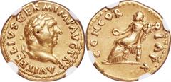 Ancients Roman Imperial Vitellius (AD 69). AV aureus (20mm, 7.29 gm, 5h). NGC Choice VF 5/5 - 3/5, graffito. Rome, AD 69. A VITELLIVS GERM IMP AVG TR P, laureate head of Vitellius right / CONCORDIA P 