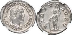 Ancients Roman Imperial Gordian II Africanus (AD 238). AR denarius (20mm, 2.69 gm, 7h). NGC MS S 5/5 - 5/5. Rome, March-April AD 238. IMP M ANT GORDIANVS AFR AVG, laureate, draped and cuirassed bust o