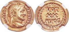 Ancients Roman Imperial Diocletian (AD 284-305). AV aureus (17mm, 5.48 gm, 12h). NGC Choice XF 5/5 - 3/5, graffito. Aquileia, AD 294-303. DIOCLETI-ANVS P F AVG, laureate head of Diocletian right / VOT