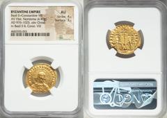 Ancients Byzantine Basil II Bulgaroctonos (AD 976-1025), with Constantine VIII. AV histamenon nomisma (23mm, 4.40 gm, 6h). NGC AU 4/5 - 3/5. Constantinople, AD 989-1001. + IhS XPS RЄX RЄGNANTIЧM, bust