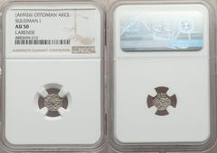 Islamic Dynasties Ottoman Empire. Suleyman I (AH 926-974 / AD 1520-1566) Akce ND (AH 926 / AD 1520) AU50 NGC, Larende mint (in Turkey), A-A1321.1, Pere-Unl. 10mm. 0.58gm. Very appealing, struck on a m