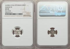 Islamic Dynasties Ottoman Empire. Murad III (AH 982-1003 / AD 1574-1595) Akce AH 982 (AD 1574) XF45 NGC, Selanik mint (in Greece), A-1336.2, Pere-299. 11mm. 0.36gm. A rather profuse mint in the later 