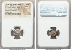 Ancients CARIA. Uncertain mint. Uvug or Orou (ca. 450-440 BC). AR quarter-stater or diobol (15mm, 2.95 gm, 2h). NGC Choice VF 5/5 - 3/5. Forepart of winged, man-headed bull advancing right / OFOV, hea