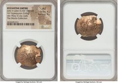 Ancients John V Palaeologus (AD 1341-1391), with John VI Cantacuzenus. AV hyperpyron (26mm, 3.45 gm, 7h). NGC AU 4/5 - 4/5. Constantinople, AD 1347-1353. Facing bust of the Virgin, orans, within city 