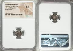 Ancients Byzantine Justin II (AD 565-578). AR quarter-siliqua (12mm, 5h). NGC Choice Fine, pierced, edge crimp. Ravenna. D N IVSTI-NVS PP AV, pearl-diademed, draped and cuirassed bust of Justin II rig