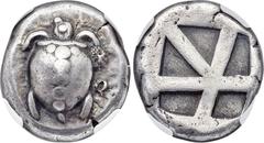 Ancients SARONIC ISLANDS. Aegina. Ca. 480-457 BC. AR stater (20mm, 12.24 gm). NGC Choice VF★ 5/5 - 3/5, punch mark. Sea turtle, viewed from above, head turned sideways, with trefoil collar and row of 
