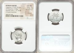 Ancients Roman Imperial Augustus (27 BC-AD 14). AR denarius (23mm, 3.50 gm, 6h). NGC Choice AU 5/5 / 2/5, brushed. Uncertain Spanish mint (Colonia Caesaraugusta?). Struck 19-18 BC. Anepigraphic, head 