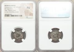 Ancients Roman Imperial Constantine I the Great (AD 307-337). BI argenteus (18mm, 11h). NGC AU. Treveri, AD 310-313. IMP CONSTANT-INVS AVG, cuirassed bust of Constantine left, wearing helmet with high