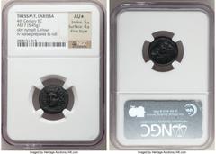 Ancients Greek THESSALY. Larissa. Ca. 4th century BC. AE dichalkon (17mm, 5.45 gm, 5h). NGC AU S 5/5 - 4/5, Fine Style. Head of nymph Larissa three-quarter facing left, wearing plain necklace and ampy