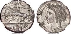 Ancient Coins Ancients SICILY. Syracuse. Time of Dionysius I (405-367 BC). AR decadrachm (35mm, 42.69 gm, 3h). NGC MS 5/5 - 5/5, Fine Style. Reverse die signed by Euainetos, ca. 400 BC. Racing quadrig