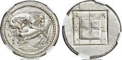 Ancient Coins Ancients MACEDON. Acanthus. Ca. 470-430 BC. AR tetradrachm (28mm, 17.12 gm, 4h). NGC MS★ 5/5 - 4/5, Fine Style. Di-, magistrate. Lion springing right, biting into hind quarters of bull k