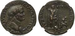 Ancient Coins Ancients Vespasian (AD 69-79). AE sestertius (31mm, 19.71 gm, 6h). NGC AU★ 5/5 - 5/5, Fine Style. Judaea Capta issue. Rome, AD 71. IMP CAES VESPASIAN AVG P M TR P P P COS III, laureate h