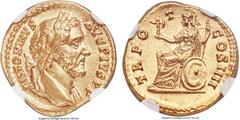 Ancient Coins Ancients Antoninus Pius (AD 138-161). AV aureus (19mm, 7.08 gm, 7h). NGC Choice MS 5/5 - 5/5. Rome, AD 147. ANTONINVS-AVG PIVS P P, laureate bust of Antoninus Pius right, drapery over bo