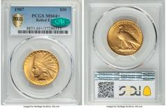 Indian Eagles 1907 $10 Rolled Rim MS64+ PCGS. CAC. Struck in September 1907, the Rolled Rim 1907 Indian eagle is one of the rarest issues in the series, surpassed only by the 1933. It retains the smoo