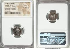 Ancients Vitellius (July-December AD 69). AR denarius (18mm, 2.94 gm, 6h). NGC Fine 4/5 - 4/5. Rome. A VITELLIVS GERM IMP AVG TR P, laureate head of Vitellius right / LIBERI IMP GERM AVG, bare headed 