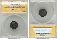 Ancients Trajan (AD 98-117). AR Restoration Issue denarius (17mm, 6h) of C. Memmius. ANACS VF 20. Rome, AD 107, restoring type of C. Memmius C.f. (ca. 56 BC). QVIRINVS-C•MEMMI•C•F•, laureate head of Q