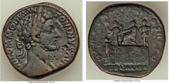 Ancients Commodus (AD 177-192). AE sestertius (30mm, 24.84 gm, 1h). Choice Fine. Rome, AD 180. M COMMODVS-ANTONINVS AVG, laureate head of Commodus right / TR P V IMP IIII COS II P P, Commodus seated l