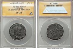 Ancients Pupienus (April-July AD 238). AE sestertius (30mm, 11h). ANACS VF 25. Rome. IMP CAES M CLOD PVPIENVS AVG, laureate, draped and cuirassed bust of Pupienus right, seen from behind / LIBERALITAS