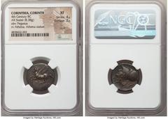Ancients Greek CORINTHIA. Corinth. Ca. 4th century BC. AR stater (20mm, 8.38 gm, 2h). NGC XF 4/5 - 2/5, scuff. Pegasus flying left, ϙ below / Head of Athena left, wearing Corinthian helmet pushed back