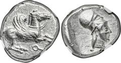Ancients CORINTHIA. Corinth. Ca. 515-450 BC. AR stater (18mm, 8.64 gm, 2h). NGC Choice XF★ 5/5 - 4/5. Pegasus with curled wing flying right, ϙ below / Head of Athena right wearing uncrested Corinthian